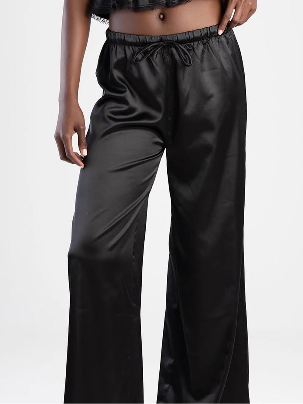 Zara Black Satin Wide-Leg Drawstring Pants - xl